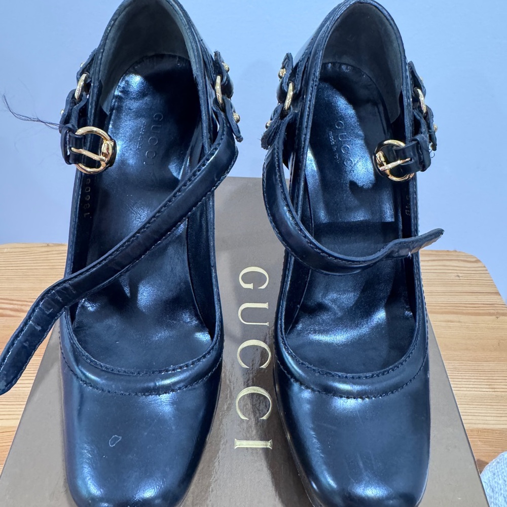 Gucci Black Leather Mary Jane Heels with Gold Buckles